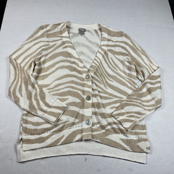 Chicos Zebra Print Button Front Cardigan Linen Blend Sweater Knit Size 1 Medium - Picture 1 of 9